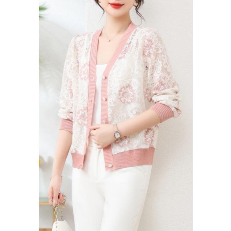 V-ringad Stickad Kofta Jacka Solskyddskläder för Kvinnor 2025 Tunn Spets Lös Ihålig Långärmad Kort Topp