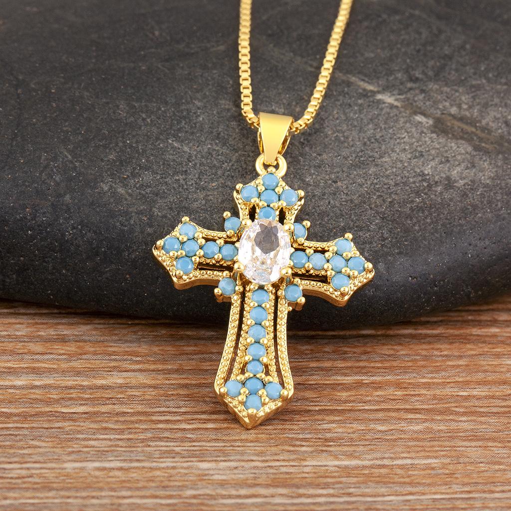Nidin New Fashion Double Layer Jesus Cross Pendant Necklace 6 Colors For Women Men Shine Zircon Chain Link Jewelry Accessories