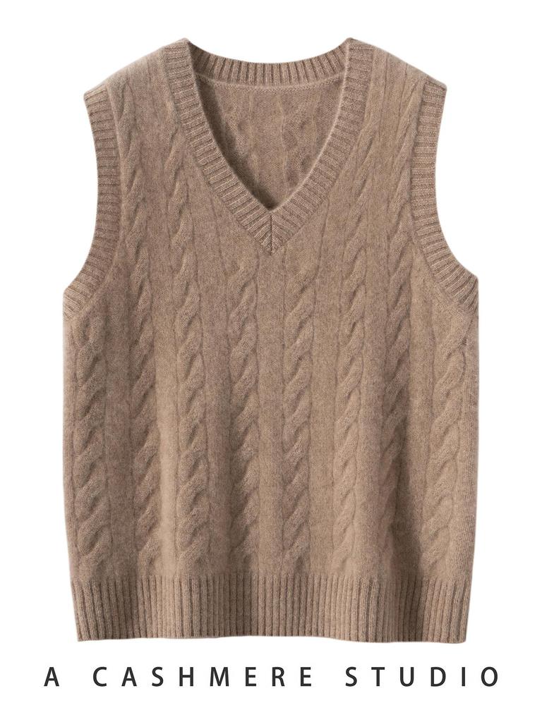 Women's 100% Pure Cashmere V-neck Cable Knit Vest for Autumn/Winter