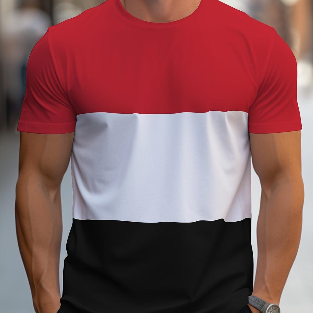 Men's Contrast Color Stripe Pattern Print T-shirt With Crew Neck And Short Sleeve, Casual And Comfy For Summer Leisurewear
