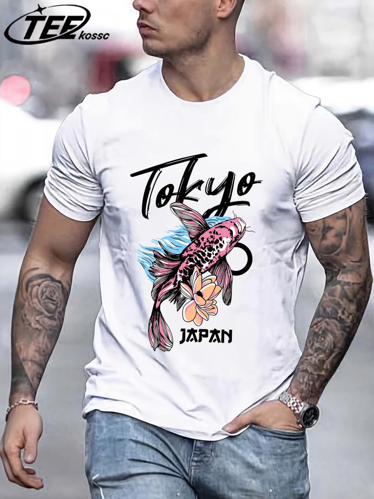 Tokyo Japan Flower Koi Print Men T Shirts Hip Hop AllMatch Short Sleeve Cotton Summer Clothes Casual Oversize Trendy Sportswear