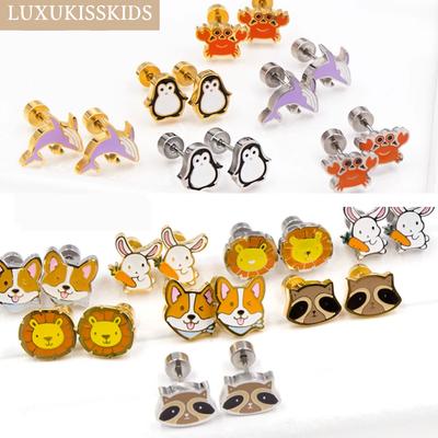 Cute Girls's Tiny Earrings Acrylic Childlike Animals Piercing Small Butterfly Stainless Steel Penguin Studs