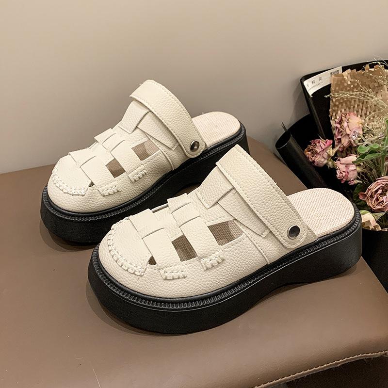 Thick-soled Two-wear Hollowed-out Baotou Sandals for Women's 2025 Summer New Hole Pig Cage Mori Roman Half Slippers Outside