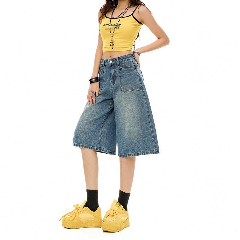 Trendy Vintage Heavy Patch Pocket Loose Straight Distressed Cropped Capri Denim Pants For Women Versatile Slimming FigureFlattering Casual Bottoms