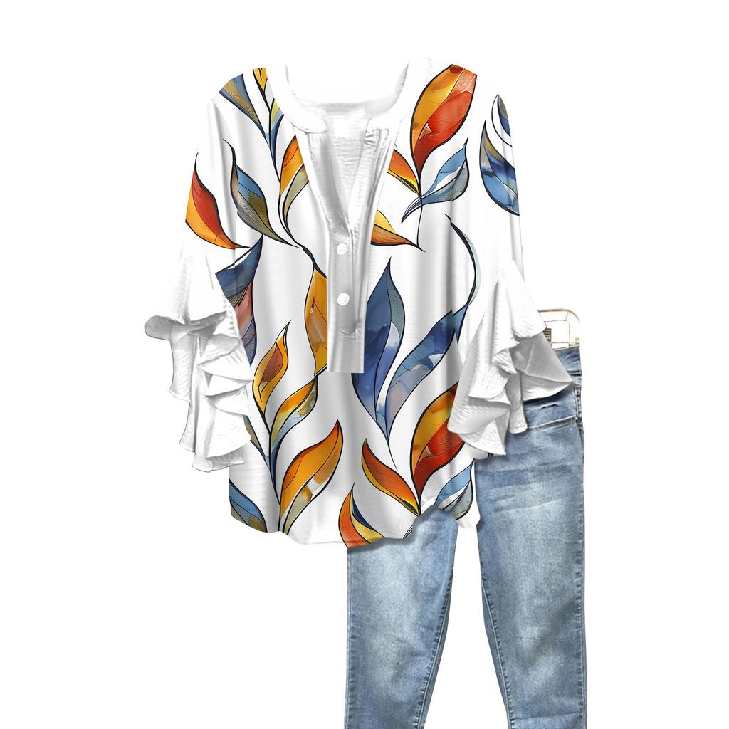 Summer Tops For Women Cute V Neck 3/4 Sleeve Blouses Floral Print Top Casual Shirts