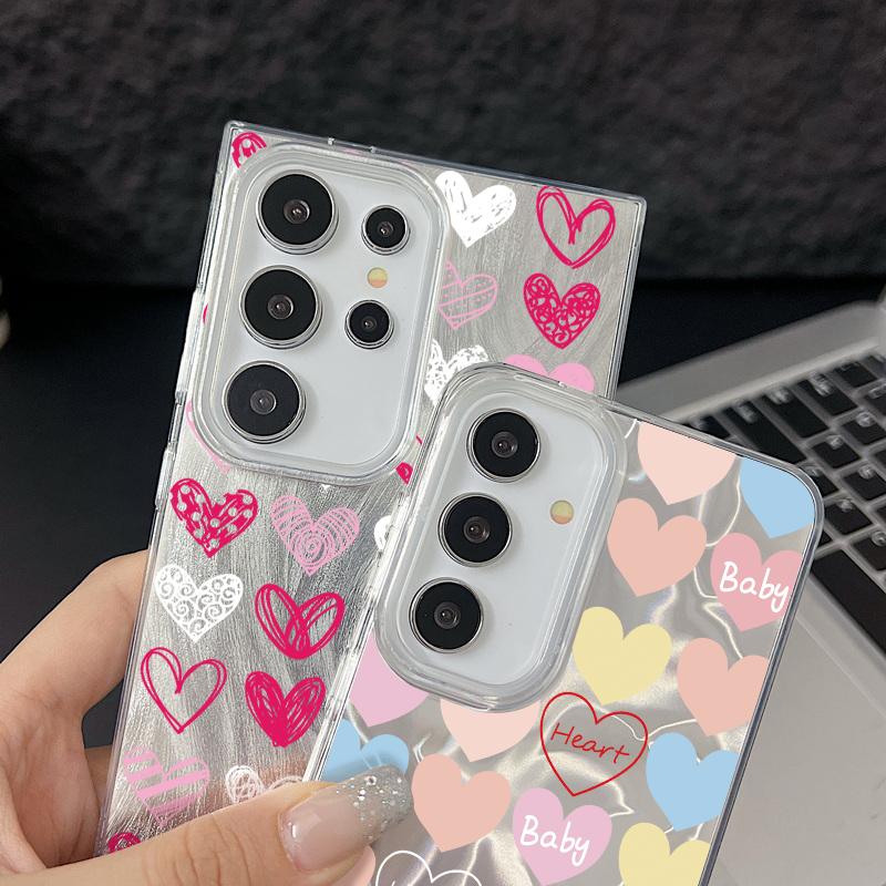 Handyhülle mit Glitzer-Feder-Print und Farbe „Love Hearts“ für Samsung S25 Ultra S24 FE S23 A16 A36 A55 A56 A35 A15, schlanke, stoßfeste PC-Rückseite mit Glitzer
