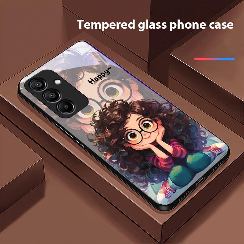 Mädchen mit lockigen Haaren für Samsung Galaxy A15 5G 54 4G 51 50 24 35 90 71 12 51 53 52S 80 22 34 Schwarze Handyhülle aus gehärtetem Glas