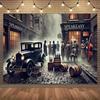 Plano 2D 1 peça adequado para uma festa com tema de Proibição nos anos 1920 decorada com carros vintage clássicos e músicos.