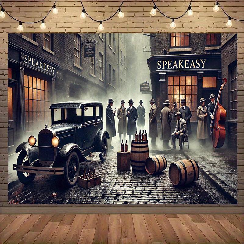 2D plane 1 piece suitable for a prohibition-themed party in the 1920s decorated with classic vintage cars and musicians. 47.2x31.5inch/120*80cm