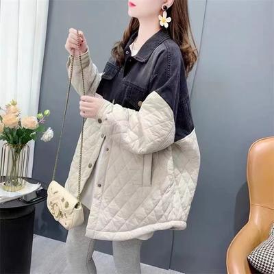 2024 New Denim Stitching Shirt Cotton-padded Jacket Women's Autumn Winter New Long Sleeve Coat Casual Loose Outerwear Female
