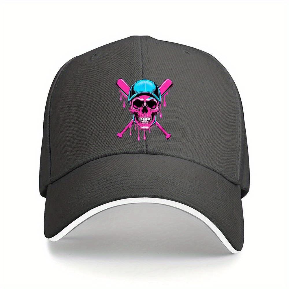 Dripping Skull and Baseball Bats Black Baseball Cap Adjustable Polyester Streetwear Cap for Men Women