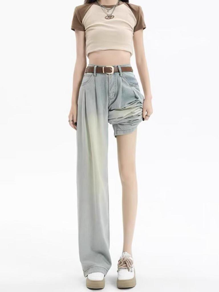 Plus Size Women's High Waist Wide Leg Drape Jeans - Autumn Retro Casual Pants