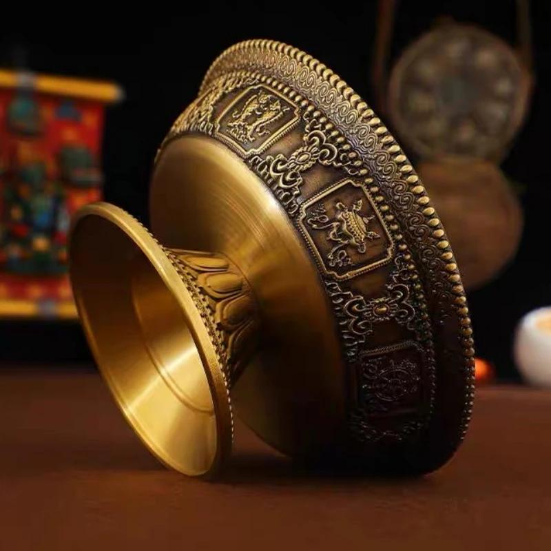 Buddhist Tribute Guardian Cup,Copper,Engraving Bronze Layer Two Handicraft Tibetan Buddhism Holy Water Plate,Desktop Decorative