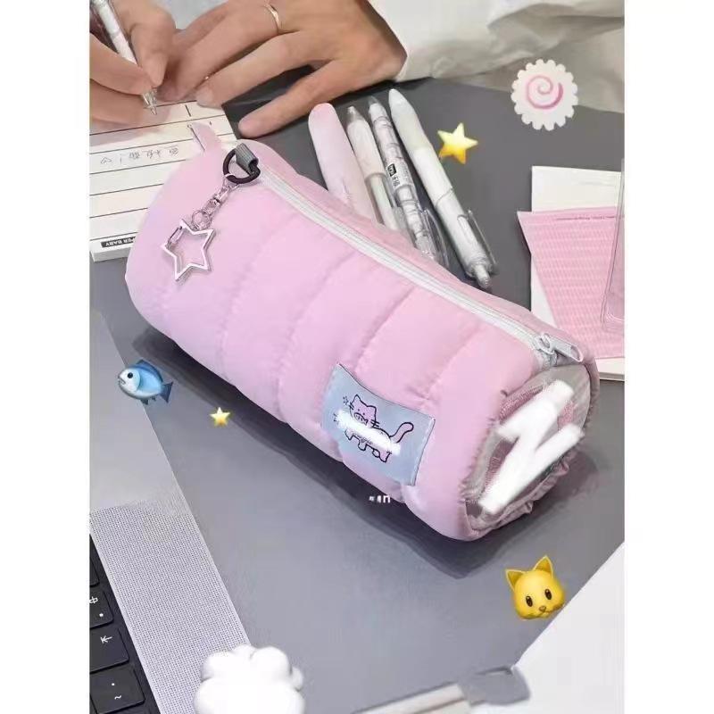 Xiaohongshu Cute Puppy Embroidered Pencil Case - Milk Puff Towel Design, Large Capacity Stationery Bag.