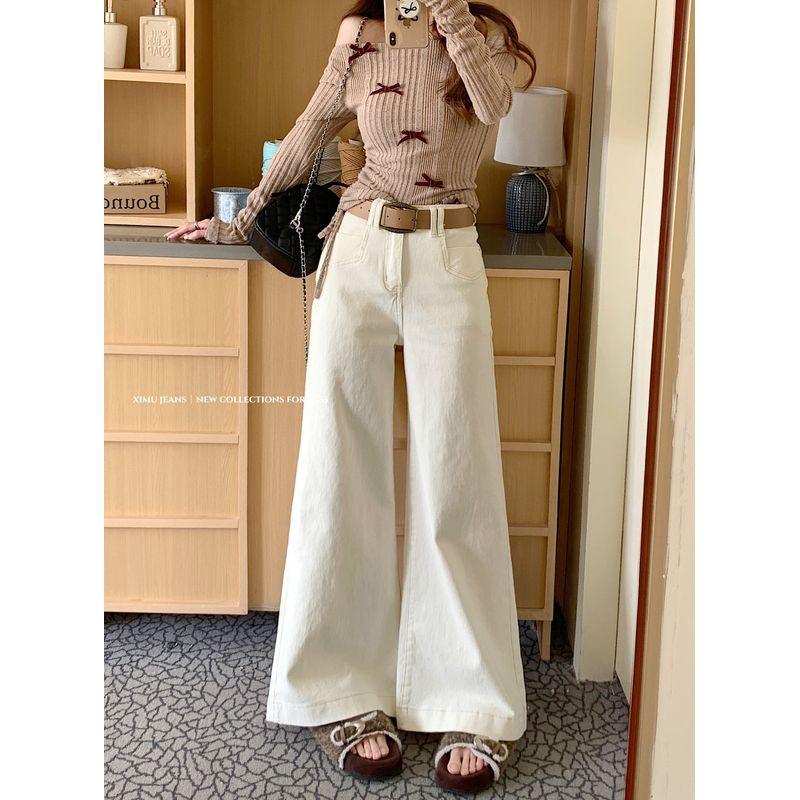 Kumikumi American vintage White High Waist Drape Jeans Women clothes Autumn All-Match Loose Slimming Wide Leg Pants