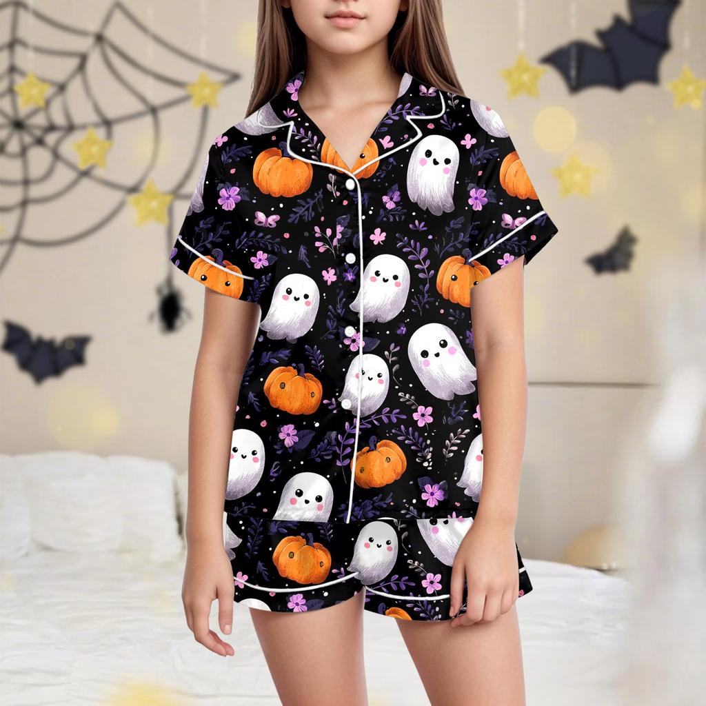 Kids Halloween Print Collar Short Sleeve Top and Shorts Set for Casual Loungewear
