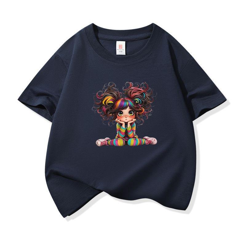 Kids Cotton T Shirt Charming Rainbow Hair Girl Sitting Print Crew Neck Short Sleeve Tee Casual Boys Girls Summer Tops