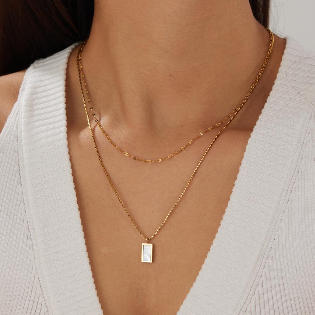 White Shell Inlay Rectangular Pendant Double-Layer Necklace Lady 316L Stainless Steel Simple Temperament Neck Chain