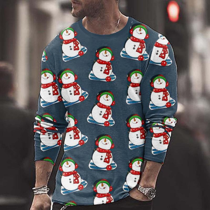 Summer Round Neck Christmas 3D Print Top Fashionable Casual Long Sleeved Men's T-shirts