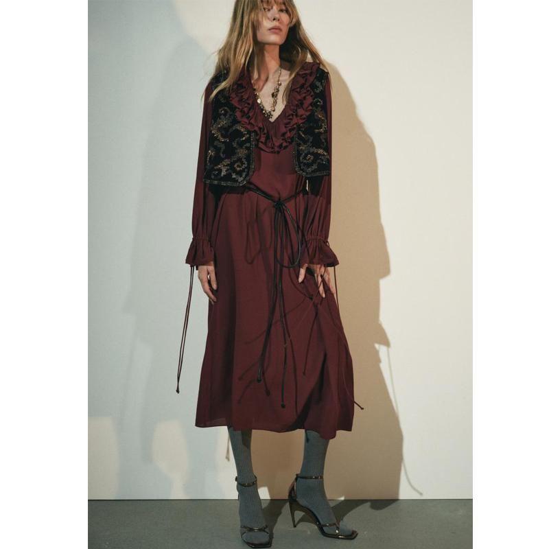 Fall and Winter New Women's Clothing French Gentle V Neck Laminated Decoration Long Sleeves Midi Skirt Dress 2678247