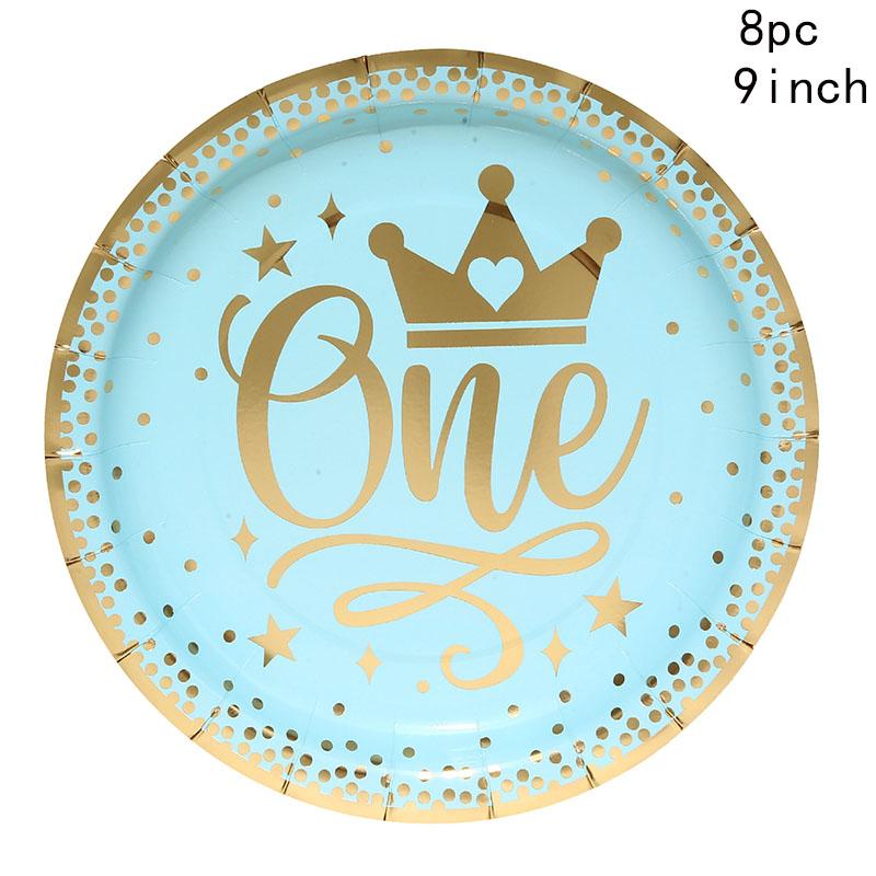 Blue Gold Boy One Year Birthday Disposable Tableware King Crown Plates Paper Cups 1st Baby Boy First Happy Birthday Party Decor