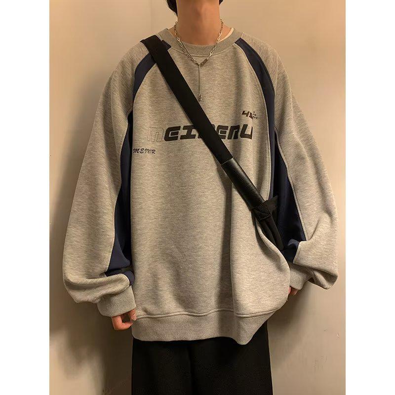 

Мужская свободная толстовка в американском стиле в стиле ретро с круглым вырезом на весну и осень M светло-серый