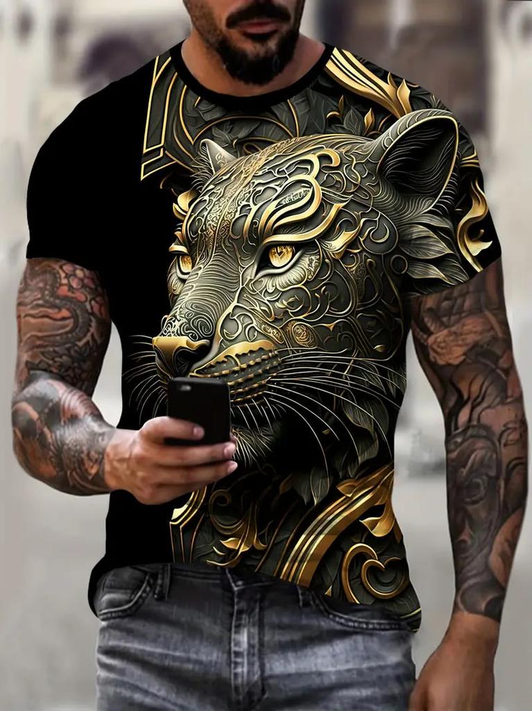 Trend Men's Fierce Wild Leopard 3D T-shirt Fashion Cool Daily T shirt Oudoor Short Sleeve Top Street Personality Summer Clothing