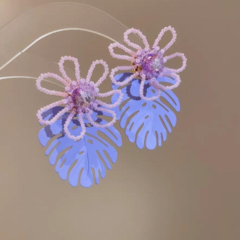 Exaggerated Beaded Flower Earrings Hollow Out Purple Flower Earrings Leaf Drop Earrings  Women