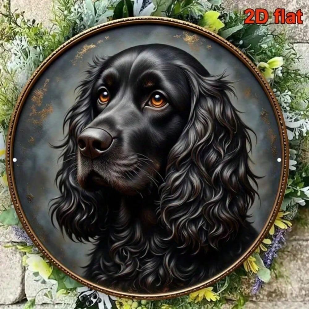 Vintage Black Kirk Spaniel Portrait Round Tin Sign for Home Office Pet Shop Wall Decor
