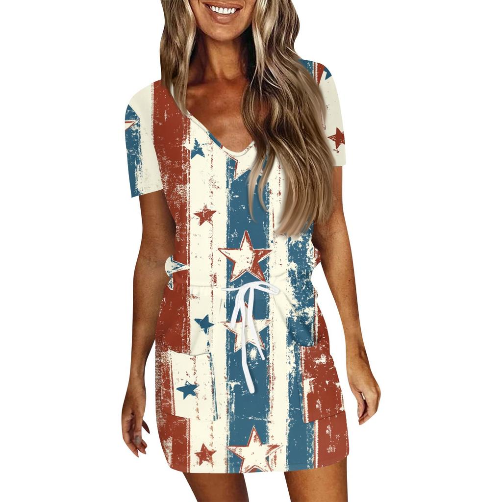 Women's Summer Casual Fashion Independence Day Printed Drawstring V Neck Short Sleeve Dress