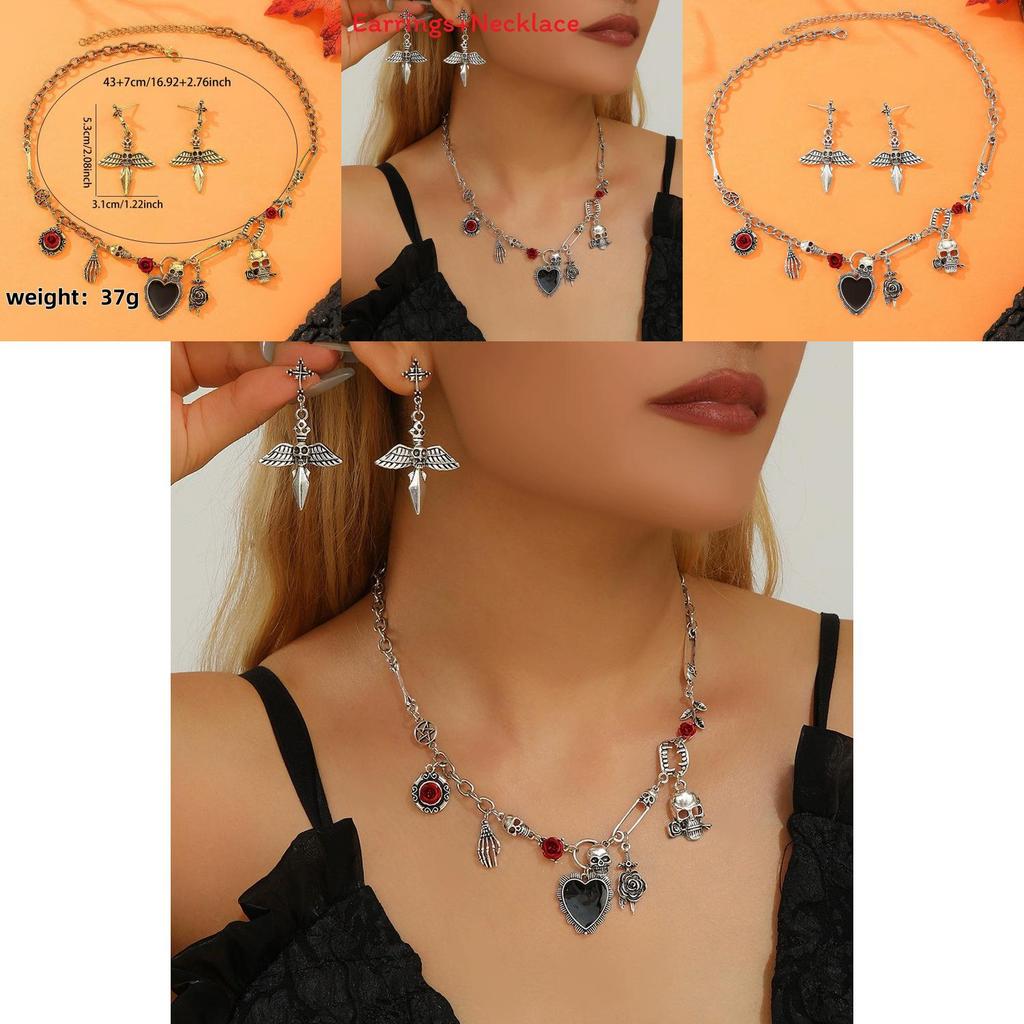 Halloween Skull Jewelry Set With Vampire Rose Pendant And Earrings For Men And Women