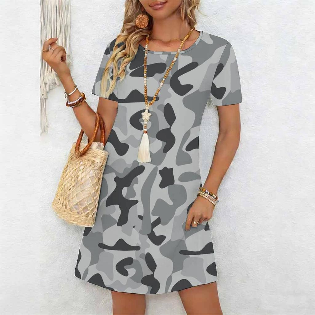 Ladies Crew Neck Plus Size Short Sleeve Dress Bright Wild Meadow Print For Outdoor Brunch