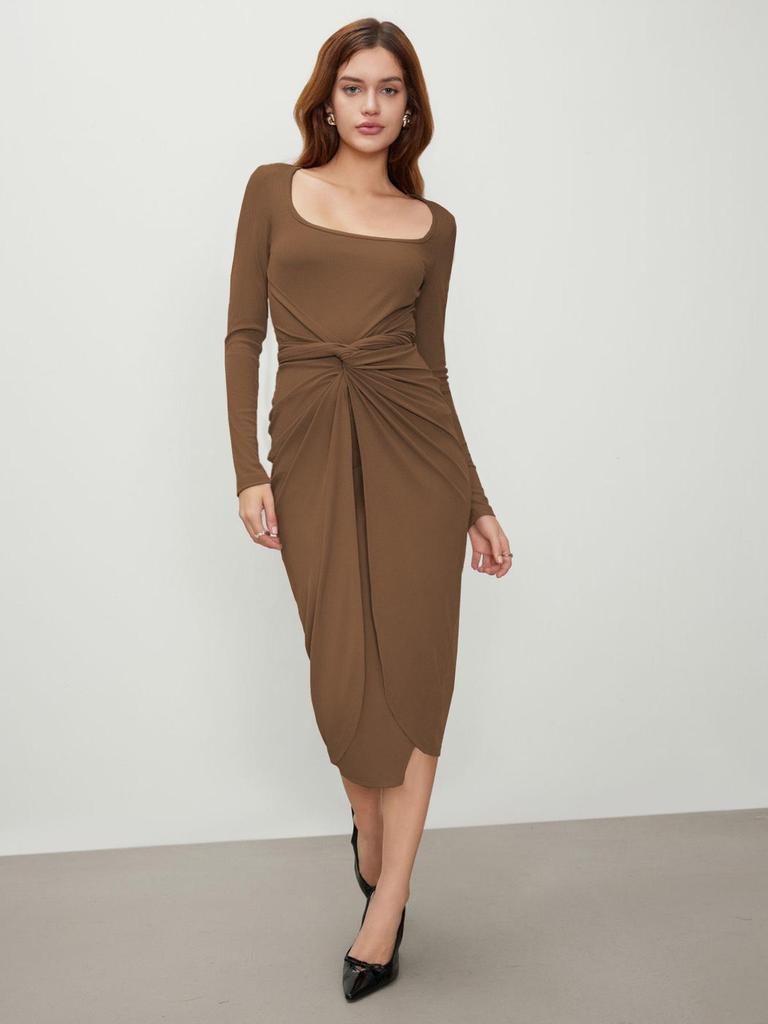 European & American Women's Square Neck Long Sleeve Dress - Spring/Summer, High Waist, Mid-Length Skirt