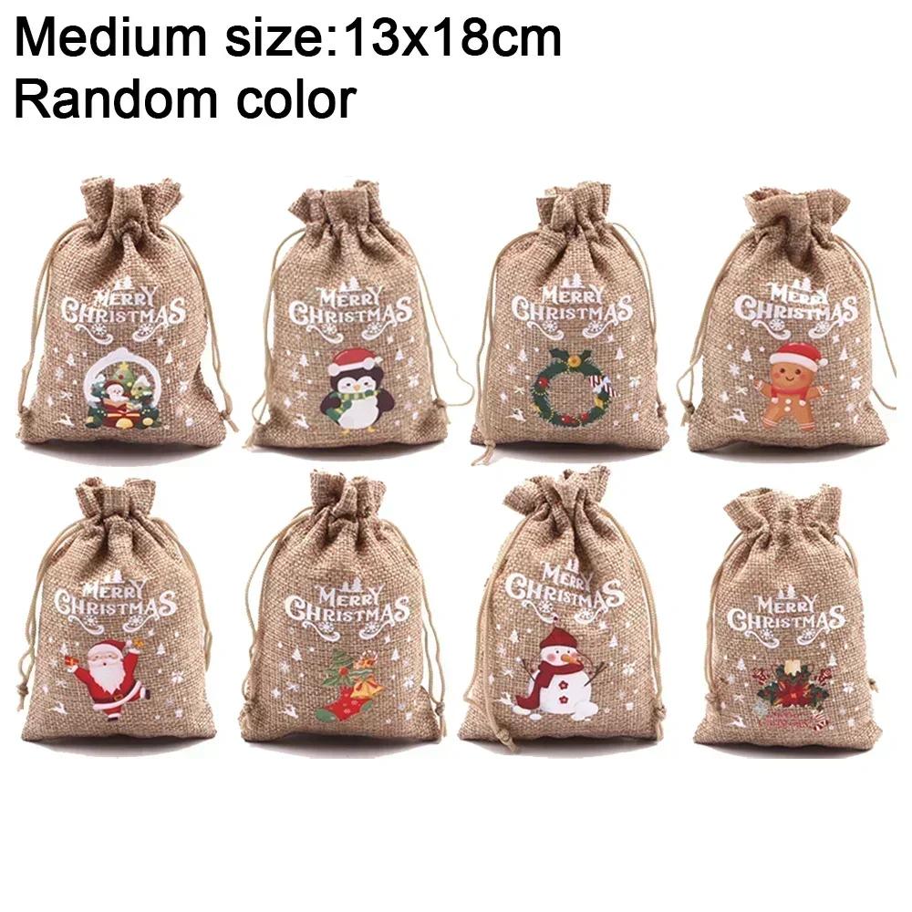1/30pcs Mini Christmas Drawstring Gift Bags Linen Santa Claus Elk Candy Biscuit Storage Bags Kids New Year Party Packaging Pouch