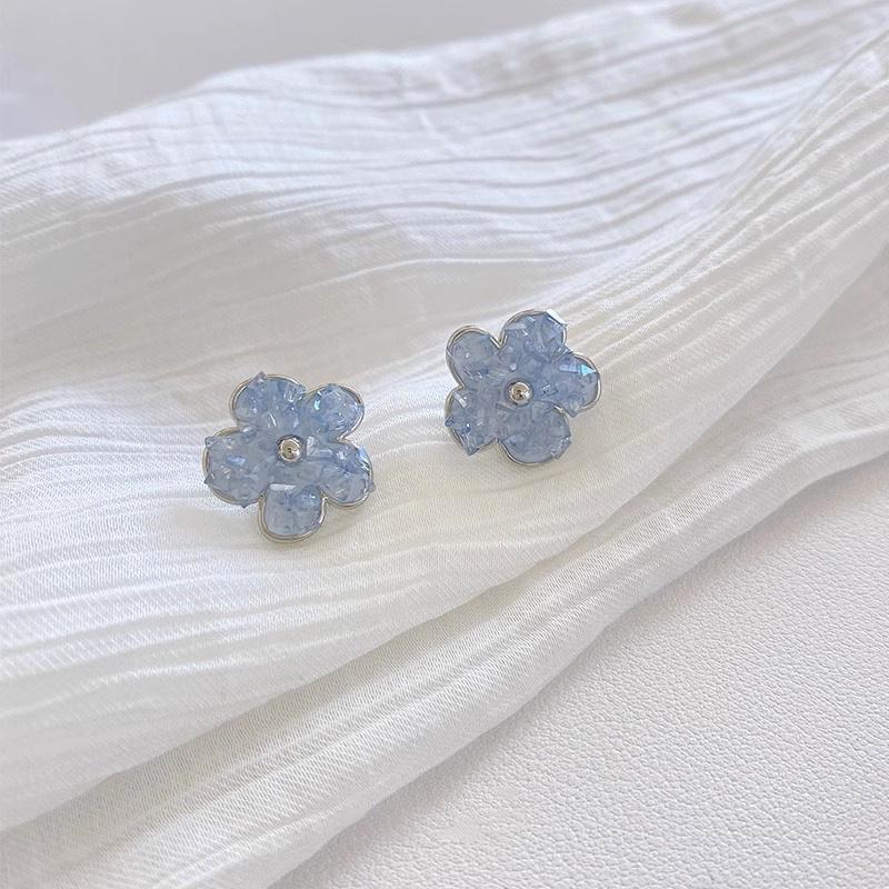 Blue Crystal Flower Stud Earrings: Light Luxury Mori Style for Women