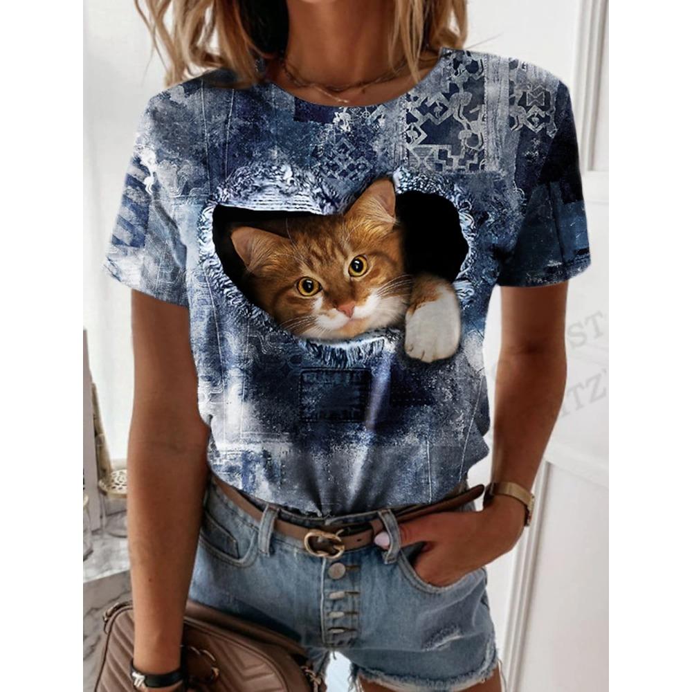 Summer Cat 3d Printing T-shirt Women's Fashion Loose Harajuku Short-sleeved Top T-shirt Suitable for Daily Casual Clothing