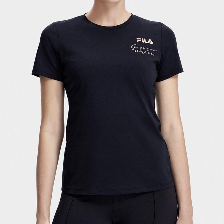 FILA Letter Logo Printed Round Neck Pullover American Vintage Short Sleeve T-Shirt Women T-Shirts Deep-Black A11W321115ABK