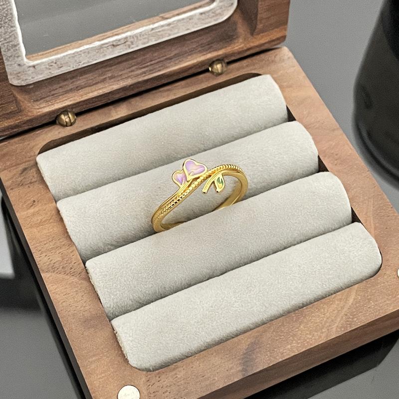 Cute Romantic Purple Four Leaf Zircon Flower Adjustable Rings for Women Gold Color Stainless Steel Jewelry Gift Anillos De Mujer