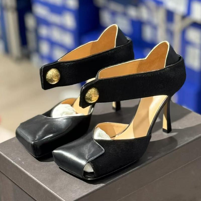 Fashion Vintage Square Toe Patchwork Leather Women Pumps Fashion Spring Autumn Mary Janes Horsehair Stiletto High Heels Party Prom Shoes