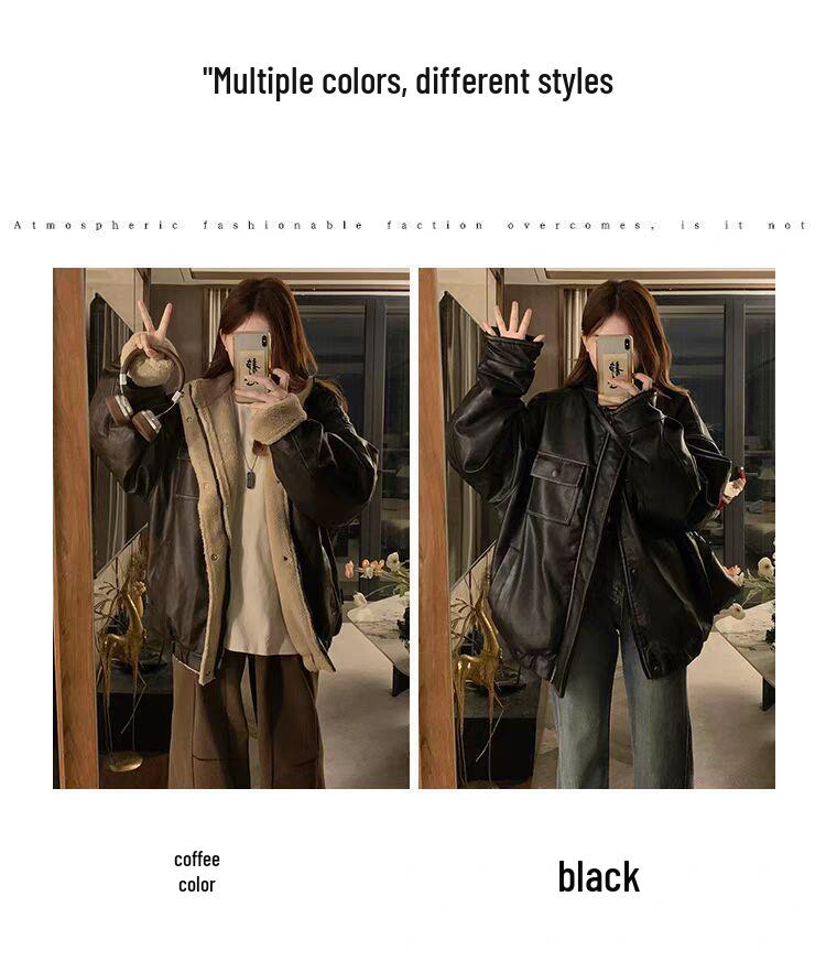 Unisex Retro Coffee Leather & Fur Jacket: Winter Trendy Loose Fit with Fleece & Thickened Cotton