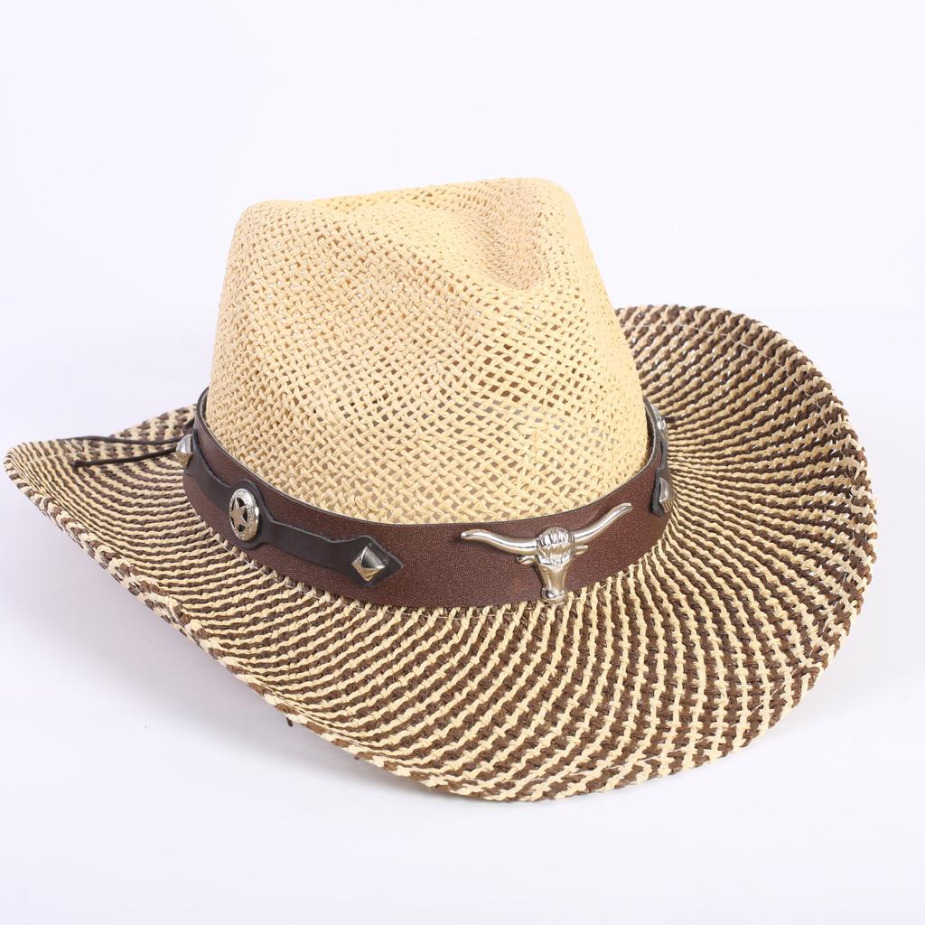 Popular Hollow Breathable Western Cowboy Straw Hat Men's and Women's Summer Sunshade Sunscreen Wide-brimmed Beach Hat
