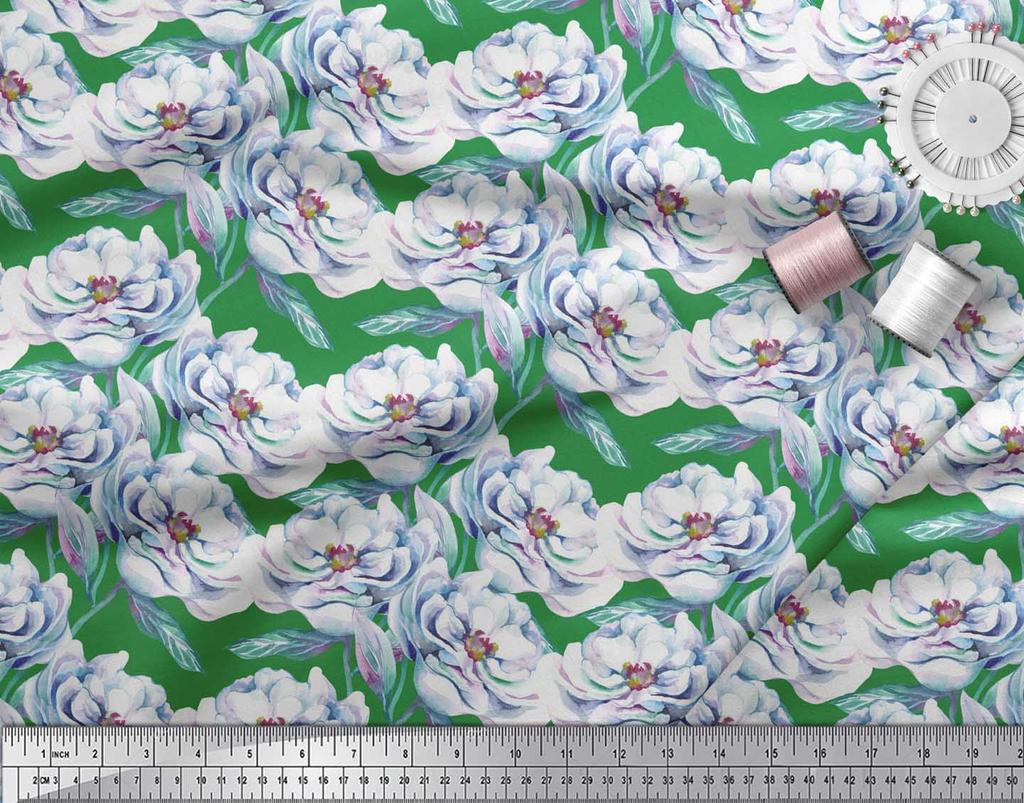 Soimoi Green Japan Crepe Satin Fabric Leaves & Blooming Camellias Floral Print Sewing Fabric Metre 42 Inch