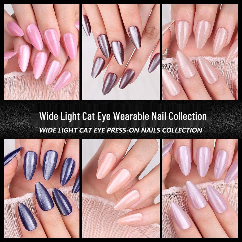 Multi-color Cat Eye High Gloss Press-on Nails - Water Drop Style, Solid Color, 30 Strips