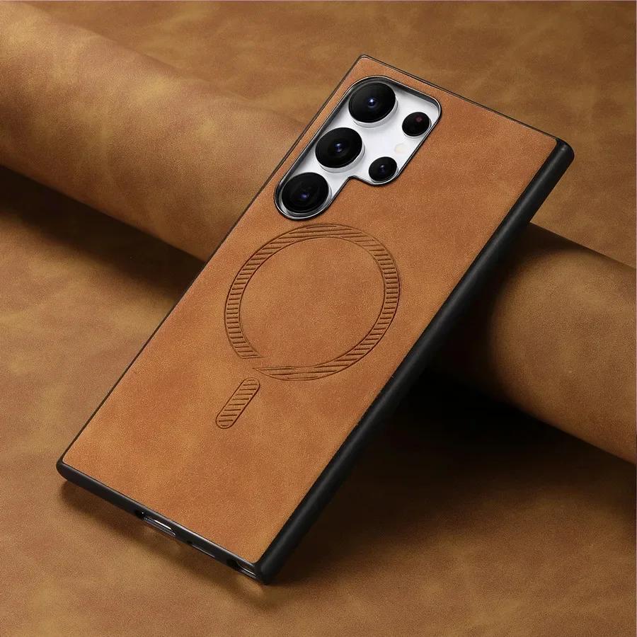 Pouzdro pro Samsung Galaxy S24 Ultra S23 Plus S23FE Kryt pro Magsafe Magnetic Luxury Plain Leather Wireless Charging Shell pro Samsung S24+