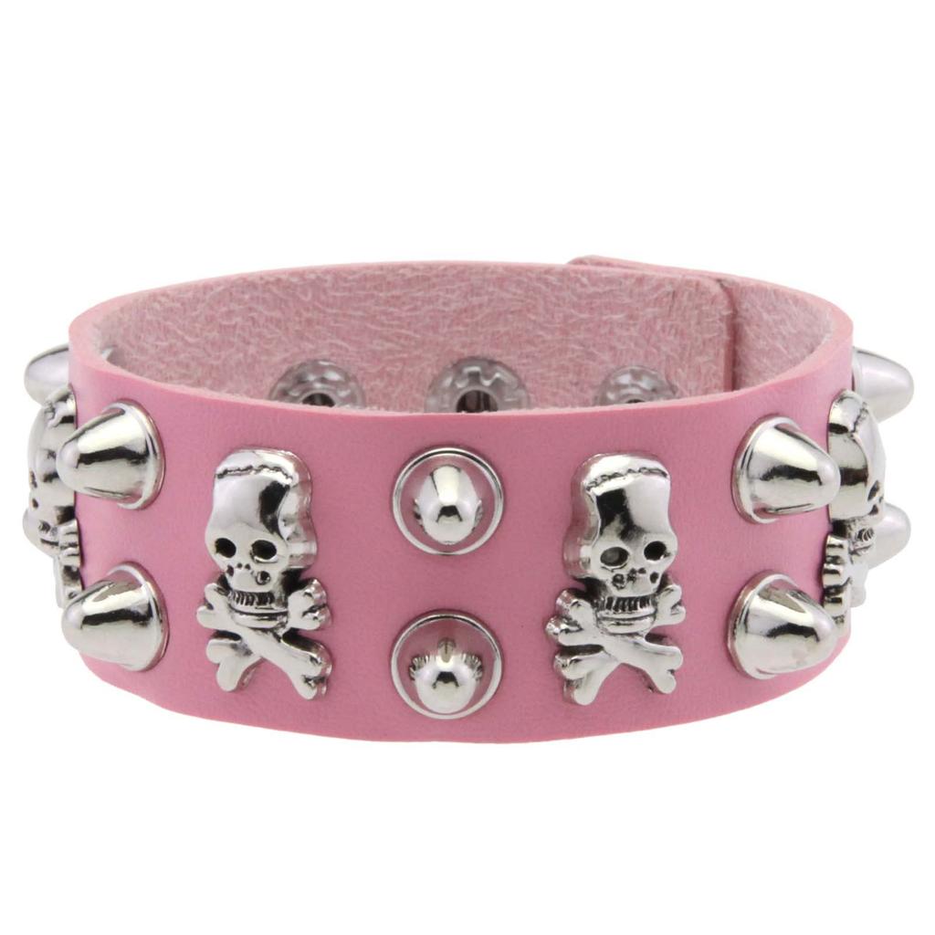 Breites PU-Leder Totenkopf Kegel Nieten Armband, Gothic Punk Verstellbares Druckknopf Handgelenkband Unisex Rock Handgelenkband