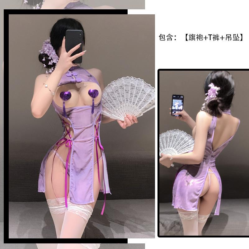 Sexy purple cheongsam with high split ends and straps, exposed chest and empty erotic underwear, hot seduction system, no-take dress.