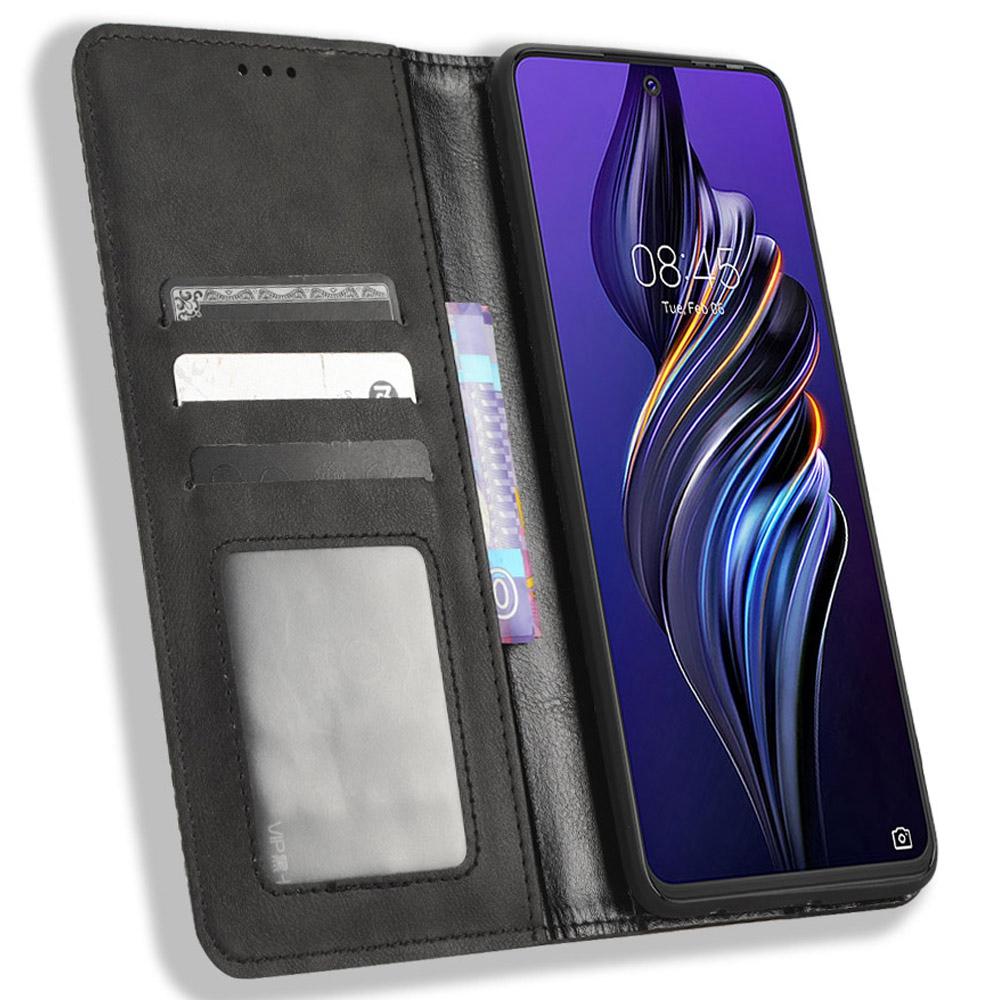

For TECNO Pova 3 4G Magnetic Auto Closing Retro Imprint Pattern Scratch Proof PU Leather Wallet Case Phone Stand Shell Cover Black