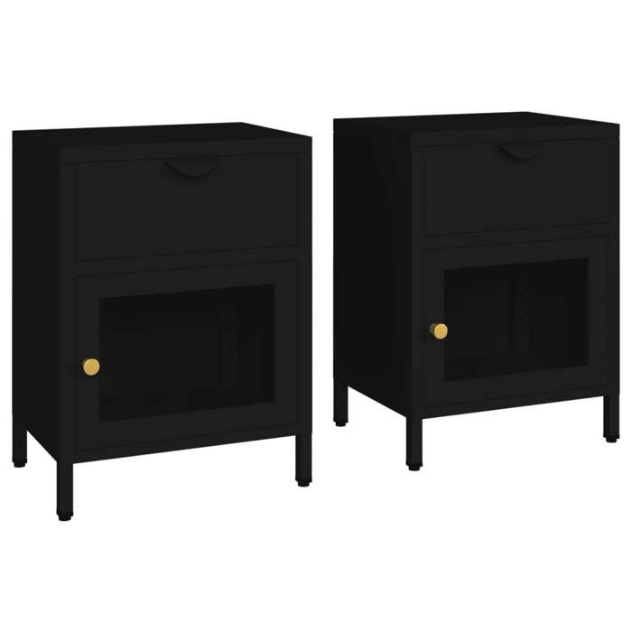 Tables de chevet - MAISON EXCLUSIVE - Ensemble 2 pcs - Noir - Acier &amp; verre trempé - 40x30x54,5 cm