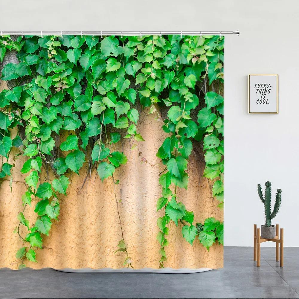 Green Ivy And Old Stone Of Wall Shower Curtain Nature Bathroom Extra Long Waterproof Washable Polyester Fabric For Bathtub Decor