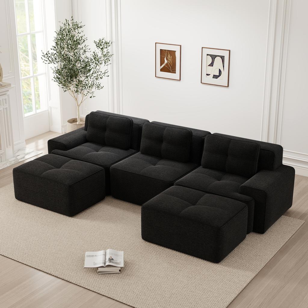 Modulares Sofa Wolke Knochenloses U-förmiges Sofa mit Hocker, 3-Sitzer Cord-Wolkensofa für Wohnzimmer, Montagefreies Sofa, Schwarz